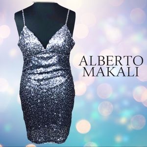 New years perfection Gray Sequin Spaghetti Strap Alberto Makali mini Dress Sz 14